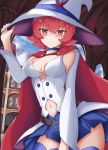  1girl absurdres bare_shoulders blue_choker blue_legwear blue_skirt blush breasts cape choker commentary cowboy_shot detached_sleeves eyebrows_visible_through_hair hand_on_headwear hat highres little_witch_academia looking_at_viewer medium_breasts navel navel_cutout nicksuslin red_cape red_eyes red_hair shiny_chariot short_hair skirt solo thighs vest white_headwear witch_hat 