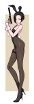  1girl absurdres animal_ears black_footwear black_hair black_leotard black_pantyhose bob_cut breasts brown_background detached_collar fake_animal_ears full_body gun high_heels highleg highleg_leotard highres holding inverted_bob knife large_breasts leotard necktie original outside_border pantyhose playboy_bunny purple_necktie rabbit_ears rabbit_tail short_hair solo standing strapless strapless_leotard tail tanke_laide thigh_strap two-tone_background weapon wrist_cuffs 