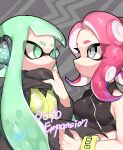  2girls absurdres agent_3_(splatoon) agent_8_(splatoon) aqua_eyes aqua_hair bangs belly black_shirt breasts closed_mouth copyright_name grey_background grey_eyes headgear high_collar highres inkling jacket long_hair looking_at_another medium_breasts mochitaichi multiple_girls octoling pink_hair shirt short_hair splatoon_(series) splatoon_2 splatoon_2:_octo_expansion squidbeak_splatoon tentacle_hair upper_body yellow_bracelet yellow_jacket 