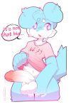  2020 2:3 anthro balls big_penis blue_body blue_fur blush bodily_fluids canid canine clothed clothing clothing_lift dialogue dripping english_text fox fur genital_fluids genitals holding_penis hope_brielle hope_brielle_(character) hybrid japanese_text lagomorph leporid male mammal partially_clothed penis pink_clothing pink_shirt pink_topwear precum precum_drip presenting presenting_penis purple_eyes rabbit shirt shirt_lift simple_background solo speech_bubble text topwear white_background white_balls white_body white_fur white_penis 