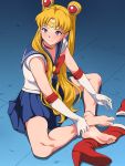  1girl bare_legs barefoot bishoujo_senshi_sailor_moon blue_sailor_collar choker crescent crescent_earrings derivative_work earrings feet highres jewelry legs long_hair maku_(l-u) no_shoes pov_feet red_choker sailor_collar sailor_moon sailor_moon_redraw_challenge sailor_senshi_uniform screencap_redraw sitting soles solo spread_toes toenails toes tsukino_usagi 