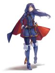  1girl belt blue_eyes blue_footwear blue_hair blue_shirt cape fire_emblem fire_emblem_awakening hairband hand_on_hilt hand_on_hip looking_to_the_side lucina_(fire_emblem) sheath shirt smile sword weapon zinnia-art 