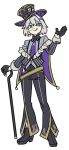  1boy :p absurdres androgynous aqua_eyes black_footwear black_gloves black_hat black_jacket blue_eyes cane closed_mouth collared_shirt commentary diamond_(shape) double-parted_bangs english_commentary flat_color full_body gloves grey_hair grey_shirt hair_between_eyes hair_ornament hairclip half_gloves hand_up hat heart high_heels highres holding holding_cane hoshikawa_tefu indie_virtual_youtuber jacket long_sleeves looking_at_viewer mixed-language_commentary mochizuki_yuki_(vtuber) monocle monocle_chain necktie partially_open_jacket playing_card_hat_ornament playing_card_theme purple_necktie shirt short_hair simple_background smile spade_(shape) striped_clothes striped_jacket suspender_pants tachi-e tongue tongue_out virtual_youtuber white_background x_hair_ornament 