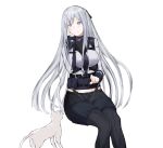  1girl ak-12_(girls_frontline) black_pants blush cat girls_frontline hair_ribbon hand_on_head long_hair military pants purple_eyes ribbon shirt silver_hair sitting smile solo talnory very_long_hair white_background white_cat white_hair 