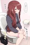  1girl bangs bare_legs barefoot bathroom blush brown_eyes brown_hair closed_mouth eyebrows_visible_through_hair grey_hoodie hair_between_eyes hair_over_one_eye idolmaster idolmaster_shiny_colors indoors long_hair long_sleeves omaru_gyuunyuu oosaki_tenka panties panty_pull pink_panties polka_dot polka_dot_panties solo tile_floor tiles toilet toilet_paper toilet_seat toilet_use translation_request underwear 