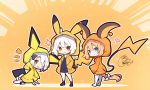  3girls ;d bangs beni_shake black_dress black_legwear blonde_hair blush bow braid brown_background brown_eyes chibi closed_mouth collarbone commentary_request cosplay dress eyebrows_visible_through_hair fate/grand_order fate_(series) gen_1_pokemon gen_2_pokemon hair_between_eyes hair_bow heart highres hood hood_up hooded_jacket jacket jeanne_d&#039;arc_(alter)_(fate) jeanne_d&#039;arc_(fate) jeanne_d&#039;arc_(fate)_(all) jeanne_d&#039;arc_alter_santa_lily long_hair multiple_girls no_shoes notice_lines one_eye_closed open_mouth orange_jacket outline parted_lips pichu pichu_(cosplay) pichu_ears pikachu pikachu_(cosplay) pikachu_ears pikachu_tail pokemon_ears raichu raichu_(cosplay) shadow signature smile socks sparkle sparkle_background standing tail thighhighs very_long_hair white_bow white_hair white_legwear white_outline yellow_jacket 