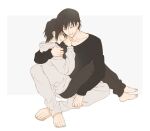  1boy 1girl aya090812 black_hair black_pants black_shirt closed_eyes commentary_request couple fushiguro_touji hood hoodie jujutsu_kaisen long_sleeves megumi's_mother_(jujutsu_kaisen) pants shirt short_hair simple_background sitting sitting_on_lap sitting_on_person white_pants 