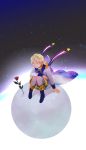  1boy blonde_hair boots closed_eyes coat fate/requiem fate_(series) flower highres male_focus planet red_flower red_rose redtaiga rose scarf shorts sitting sky smile space star star_(sky) starry_sky voyager_(fate/requiem) yellow_scarf 