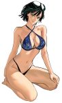  1girl aqua_eyes barefoot belly_chain bikini black_hair criss-cross_halter earrings eyewear_on_head fubuki_(one-punch_man) full_body halter_top halterneck highres jewelry murata_yuusuke navel official_art one-punch_man short_hair simple_background smile snowflake_print solo swimsuit white_background 