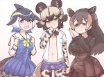  1boy 2girls african_wild_dog_(kemono_friends) animal_ear_fluff animal_ears blue_dress blue_eyes bow breasts brown_eyes character_request clenched_hand common_dolphin_(kemono_friends) dress futanari kemono_friends long_hair long_sleeves looking_at_viewer multiple_girls navel open_mouth otoko_no_ko short_hair short_sleeves shorts simple_background smile tanaka_kusao translation_request unbuttoned unbuttoned_shirt upper_teeth wristband yellow_bow 