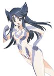  1girl black_hair breasts clenched_hand hair_flaps hand_on_hip jinki long_hair medium_breasts navel official_art open_mouth shiva_(jinki) simple_background solo tsunashima_shirou white_background 