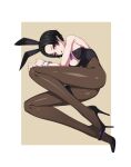  1girl absurdres animal_ears black_footwear black_hair black_leotard black_pantyhose bob_cut breasts brown_background detached_collar fake_animal_ears high_heels highleg highleg_leotard highres holding inverted_bob knife large_breasts leotard looking_at_viewer lying necktie on_side original outside_border pantyhose playboy_bunny purple_necktie rabbit_ears red_eyes short_hair solo strapless strapless_leotard tanke_laide thigh_strap two-tone_background weapon wrist_cuffs 