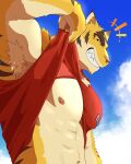2024 abs anthro armpit_hair blue_eyes body_hair brown_body brown_fur brown_stripes clothed clothing clothing_lift countershade_arms countershade_face countershade_torso countershading dipstick_ears ear_markings felid fur hi_res looking_at_viewer male mammal morenatsu multicolored_body multicolored_ears multicolored_fur muscular muscular_anthro muscular_male nagick_18 navel nipples open_mouth open_smile pantherine pink_nipples pink_nose red_clothing red_shirt red_tank_top red_topwear sharp_teeth shirt shirt_lift sky smile solo stripes tan_body tan_countershading tan_fur tank_top tank_top_lift teeth tiger topwear torahiko_(morenatsu) yellow_body yellow_fur