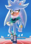  2020 absurd_res anthro black_nose blue_sky bodily_fluids clothed clothing day eulipotyphlan featureless_crotch footwear fur gloves handwear hedgehog hi_res krazyelf mammal multicolored_clothing multicolored_footwear outside shirt silver_the_hedgehog sky sonic_the_hedgehog_(series) sweat teeth topwear wet wet_clothing wet_shirt wet_topwear yellow_eyes 