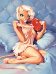 anthro bed_sheet bedding blue_eyes clothing diary domestic_cat felid feline felis female footwear mammal nightgown pencil_(object) pillow pinup pose sabara shoes smile solo 