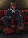  3:4 4_toes anthro canid canine clothing dirty_socks feet foot_focus footwear fox hi_res legwear male mammal musty pawpads plantigrade riproarrex seb shoes socks solo suit toes 