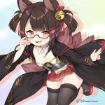  1girl :d akagi-chan_(azur_lane) animal_ears azur_lane bangs bell bespectacled black_kimono black_legwear blunt_bangs blush breasts brown_hair cleavage collarbone colored_shadow commentary_request commission cowboy_shot detached_collar drop_shadow eyebrows_visible_through_hair fang fox_ears fox_girl fox_tail glasses hair_bell hair_ornament hair_ribbon hairclip highres japanese_clothes juugou_taki kimono looking_at_viewer miniskirt multiple_tails open_clothes open_kimono open_mouth pink_eyes pleated_skirt red-framed_eyewear red_ribbon red_skirt ribbon sakuramon sandals semi-rimless_eyewear shadow shirt short_hair sidelocks skindentation skirt small_breasts smile solo standing standing_on_one_leg tail thighhighs twitter_username two_side_up white_shirt wide_sleeves zettai_ryouiki 