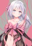  1girl bangs bare_shoulders blue_eyes blush bow breasts closed_mouth collarbone commentary_request eyebrows_visible_through_hair grey_background hair_between_eyes highres long_hair long_sleeves looking_at_viewer navel off_shoulder original pink_background pink_bow pink_ribbon ribbon shinsoyori silver_hair small_breasts solo two-tone_background 