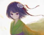  1girl backlighting closed_mouth commentary_request eyelashes fjsmu flower green_kimono hair_flower hair_ornament hair_ribbon hieda_no_akyuu highres japanese_clothes kimono light_smile looking_at_viewer purple_eyes purple_hair purple_sash red_ribbon ribbon sash solo touhou white_flower 