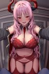  1girl 1other armpit_peek ass_visible_through_thighs between_breasts black_coat black_collar black_horns blue_archive blush bra breasts cleavage coat collar collarbone commentary_request detached_collar fangs fisheye halo highres horns huge_breasts indoors lingerie long_hair long_sleeves looking_at_viewer melopun mole mole_on_breast multicolored_horns navel necktie necktie_between_breasts open_clothes open_coat open_mouth outstretched_arms pink_hair pov red_bra red_eyes red_garter_belt red_garter_straps red_halo red_horns red_necktie satsuki_(blue_archive) smile solo_focus spread_arms stomach teeth thighs two-tone_horns underwear 