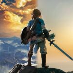  1boy absurdres arrow_(projectile) blonde_hair blue_shirt boots bow_(weapon) brown_footwear cloud cloudy_sky commentary_request cosplay_photo cover derivative_work elf facing_away from_behind highres holding holding_shield holding_sword holding_weapon knee_boots layered_sleeves legs_apart link long_sleeves male_focus medium_hair mountainous_horizon on_rock outdoors pants pants_tucked_in photo_(medium) pointy_ears quiver sakigake_cos shield shirt short_over_long_sleeves short_ponytail short_sleeves sky solo split_theme standing stitched sword the_legend_of_zelda the_legend_of_zelda:_breath_of_the_wild video_game_cover video_game_cover_redraw weapon white_pants yellow_sky 