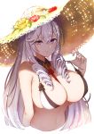 1girl absurdres algerie_(azur_lane) algerie_(white_sand_angel)_(azur_lane) azur_lane bangs between_breasts bikini blush breasts brown_bikini cleavage detached_collar drill_hair hat highres large_breasts long_hair looking_at_viewer mole mole_under_eye pnatsu purple_eyes simple_background smile solo strap_pull straw_hat swimsuit two-tone_bikini white_background white_hair 