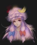  1girl black_background blue_bow bow closed_mouth crescent crescent_hair_ornament eyelashes fjsmu hair_bow hair_ornament hat head_tilt highres lavender_hair lips long_hair looking_at_viewer mob_cap patchouli_knowledge portrait purple_eyes purple_headwear red_bow simple_background solo touhou 