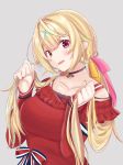  1girl :d alternate_hairstyle blonde_hair blouse blush breasts choker grey_background hair_ornament highres holding holding_hair hoshikawa_sara long_sleeves nijisanji open_mouth red_eyes smile solo ssinn twintails upper_body virtual_youtuber x_hair_ornament yellow_eyes 