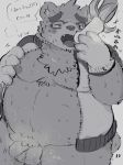  2020 absurd_res anthro banana belly blush bodily_fluids buta5kawa eyewear food fruit glasses hi_res humanoid_hands kemono male mammal moobs nipples overweight overweight_male plant solo sweat tokyo_afterschool_summoners tongue tongue_out ursid video_games volos 