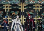  4boys aqua_hair armor cape collared_shirt door gloves green_eyes green_hair grey_eyes hair_over_one_eye highres hood ichigo_hitofuri japanese_armor japanese_clothes katana kikaizunou komainu kote male_focus military military_uniform multiple_boys necktie ookanehira_(touken_ranbu) partly_fingerless_gloves pom_pom_(clothes) red_hair shirt shoulder_armor single_glove smile sode sword touken_ranbu tsurumaru_kuninaga uguisumaru uniform weapon white_gloves white_hair yellow_eyes 