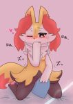  &lt;3 anthro blush bodily_fluids braixen breasts canid canine featureless_breasts female fur genital_fluids genitals hi_res inner_ear_fluff mammal masturbation nintendo nude open_mouth pawpads pillow pillow_ride pink_pawpads pok&eacute;mon pok&eacute;mon_(species) pussy pussy_juice simple_background solo tears tuft vaginal video_games white_body yellow_body yellow_fur も 