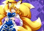  9_tails abstract_background animal_humanoid bedroom_eyes big_breasts blonde_hair breasts canid canid_humanoid canine canine_humanoid clothed clothing dipstick_ears dipstick_tail dress eyelashes female fluffy fluffy_tail fox_humanoid fully_clothed fur hair hi_res humanoid inner_ear_fluff kazami_karasu light_skin looking_at_viewer lying mammal mammal_humanoid monotone_hair multi_tail multicolored_ears multicolored_tail narrowed_eyes on_back open_mouth open_smile ran_yakumo seductive smile solo tabard touhou tuft video_games white_clothing white_dress yellow_body yellow_eyes yellow_fur 