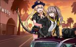  2girls 404_logo_(girls_frontline) armband arrest car demon_horns english_text girls_frontline grand_theft_auto grand_theft_auto_v ground_vehicle hat horns m870_(girls_frontline) mechanical_tail motor_vehicle multiple_girls parody police police_car police_hat police_uniform policewoman rifnets scar scar_across_eye tail ump45_(girls_frontline) uniform 