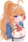 1girl absurdres ahoge bangs blue_eyes blush braid breasts cleavage commentary_request eyebrows_visible_through_hair hair_between_eyes hair_ornament hair_ribbon highres huge_filesize keichan_(user_afpk7473) large_breasts long_hair open_mouth orange_hair pecorine ponytail princess_connect! princess_connect!_re:dive puffy_short_sleeves puffy_sleeves ribbon short_sleeves simple_background smile solo tiara upper_body very_long_hair white_background 