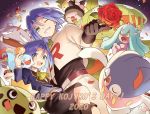  1boy blue_hair cacnea carnivine chimecho flower gen_1_pokemon gen_3_pokemon gen_4_pokemon gen_6_pokemon gen_7_pokemon green_eyes highres inkay kojirou_(pokemon) mareanie medium_hair mime_jr. pokemon pokemon_(anime) pokemon_(creature) rose team_rocket usao_(313131) victreebel weezing 