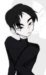  1boy ? ?? black_hair dark_eye eyelashes from_side goth_fashion hand_on_own_hip male_focus messy_hair non-web_source shiny_skin skinny staring this_man turtleneck unibrow yaoi 