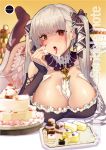 1girl absurdres azur_lane bangs bare_shoulders between_breasts black_dress blush breasts cake cleavage collarbone dress feet_up food formidable_(azur_lane) frilled_dress frills grey_hair hair_ribbon highres huge_breasts long_hair looking_at_viewer lying on_stomach open_mouth red_eyes ribbon satou_daiji tongue tongue_out tray twintails two-tone_dress two-tone_ribbon very_long_hair white_legwear 