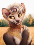  2020 3:4 anthro black_nose blurred_background brown_body brown_fur detailed detailed_background fangs female flower flower_crown fur grass hi_res inner_ear_fluff kebi mammal marten mustelid musteline outside pine_marten plant smile solo tongue tree tuft whiskers white_body white_fur yellow_body yellow_fur 