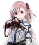  1girl blood blood_on_face bloody_clothes blush braid girls_frontline gloves hair_ornament hair_ribbon hexagram knife long_hair looking_at_viewer negev_(girls_frontline) pink_hair rampart1028 red_eyes ribbon simple_background smile solo star_of_david 