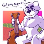  1:1 acoustic_guitar animal_crossing anthro canid canine canis dialogue digital_media_(artwork) domestic_dog english_text fizzyjay fur guitar hi_res k.k._slider looking_at_viewer male mammal musical_instrument nintendo nude plucked_string_instrument smile solo string_instrument text video_games white_body white_fur 