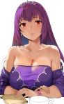  1girl absurdres bangs bare_shoulders book breasts cafe cleavage coffee collarbone cup detached_sleeves dress earrings eyebrows_visible_through_hair fate/grand_order fate_(series) hair_between_eyes headpiece hews_hack highres jewelry large_breasts long_hair looking_at_viewer necklace paid_reward patreon_reward purple_dress purple_hair red_eyes ring scathach_(fate)_(all) scathach_skadi_(fate/grand_order) shadow simple_background sitting solo strapless table teacup tiara unfinished upper_body wedding_band white_background window 