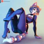  1:1 2020 accessory blue_hair bodysuit boots breasts butt camel_toe canid canine clothing english_text female footwear fox fur green_eyes hair hair_accessory hi_res katfishcom krystal mammal nintendo pose skinsuit solo star_fox tailband text tight_clothing tongue tongue_out video_games 