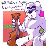  1:1 animal_crossing anthro canid canine canis dialogue digital_media_(artwork) domestic_dog erection fizzyjay fur genitals hi_res k.k._slider looking_at_viewer male mammal musical_instrument nintendo nude penis smile solo video_games 