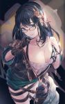 1girl bare_shoulders black_hair blue_eyes breasts cleavage collarbone glasses gloves graffiti granblue_fantasy green_skirt hair_ornament highres illnott jewelry large_breasts long_hair milli_little necklace single_glove skirt solo 