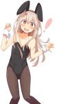  ! 1girl alternate_costume animal_ears bangs bare_shoulders black_legwear blonde_hair blush bunny_ears bunnysuit chata_maru_(irori_sabou) collarbone commentary_request eyebrows_visible_through_hair fake_animal_ears fate/grand_order fate_(series) flat_chest hair_between_eyes highres illyasviel_von_einzbern long_hair looking_at_viewer open_mouth pantyhose red_eyes simple_background solo white_background wrist_cuffs 