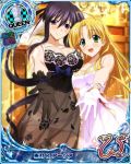  2girls ahoge asia_argento bangs bare_shoulders black_dress black_gloves black_hair blonde_hair blue_bow blunt_bangs blunt_ends blush bow breasts card_(medium) chess_piece cleavage collarbone dress eyebrows_visible_through_hair gloves green_eyes hair_between_eyes high_school_dxd himejima_akeno indoors large_breasts long_bangs long_hair looking_at_viewer medium_breasts multiple_girls official_art open_mouth outstretched_hand ponytail purple_eyes queen_(chess) reaching_out see-through sleeveless smile standing strapless strapless_dress white_dress white_gloves 