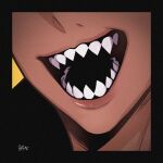  1boy artist_name black_border border close-up dark-skinned_male dark_skin film_grain grin highres lips male_focus mammon_(obey_me!) mouth_focus obey_me!:_one_master_to_rule_them_all! open_mouth sharp_teeth shiny_lips signature smile solo sp_haikai teeth 