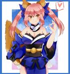  1girl animal_ear_fluff animal_ears artist_request bare_shoulders blue_kimono blue_ribbon blush breasts cleavage collarbone commentary commentary_request detached_sleeves fate/extella fate/extra fate/extra_ccc fate/grand_order fate_(series) fox_ears fox_girl fox_shadow_puppet fox_tail hair_ribbon heart highres japanese_clothes kimono large_breasts looking_at_viewer pink_hair ribbon solo speech_bubble tail tamamo_(fate)_(all) tamamo_no_mae_(fate) yellow_eyes 