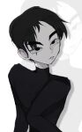  1boy ? ?? black_hair dark_eye eyelashes from_side goth_fashion hand_on_own_hip male_focus messy_hair non-web_source shiny_skin skinny staring this_man turtleneck unibrow yaoi 