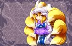  9_tails abstract_background animal_humanoid big_breasts blonde_hair breasts canid canid_humanoid canine canine_humanoid clothed clothing dipstick_tail eyelashes female fluffy fluffy_tail fox_humanoid fully_clothed fur hair hat headgear headwear hi_res humanoid kazami_karasu kneeling light_skin looking_at_viewer mammal mammal_humanoid monotone_hair multi_tail multicolored_tail open_mouth open_smile ran_yakumo smile solo touhou video_games yellow_body yellow_eyes yellow_fur 